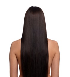 Photo of Woman with beautiful smooth hair after lamination procedure on white background, back view