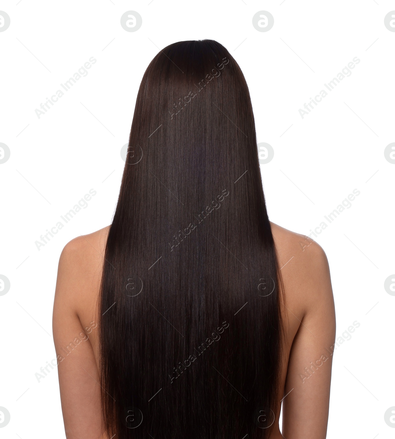 Woman with beautiful smooth hair after lamination procedure on white background, back view Photo of Woman with beautiful smooth hair after lamination procedure on white background, back view