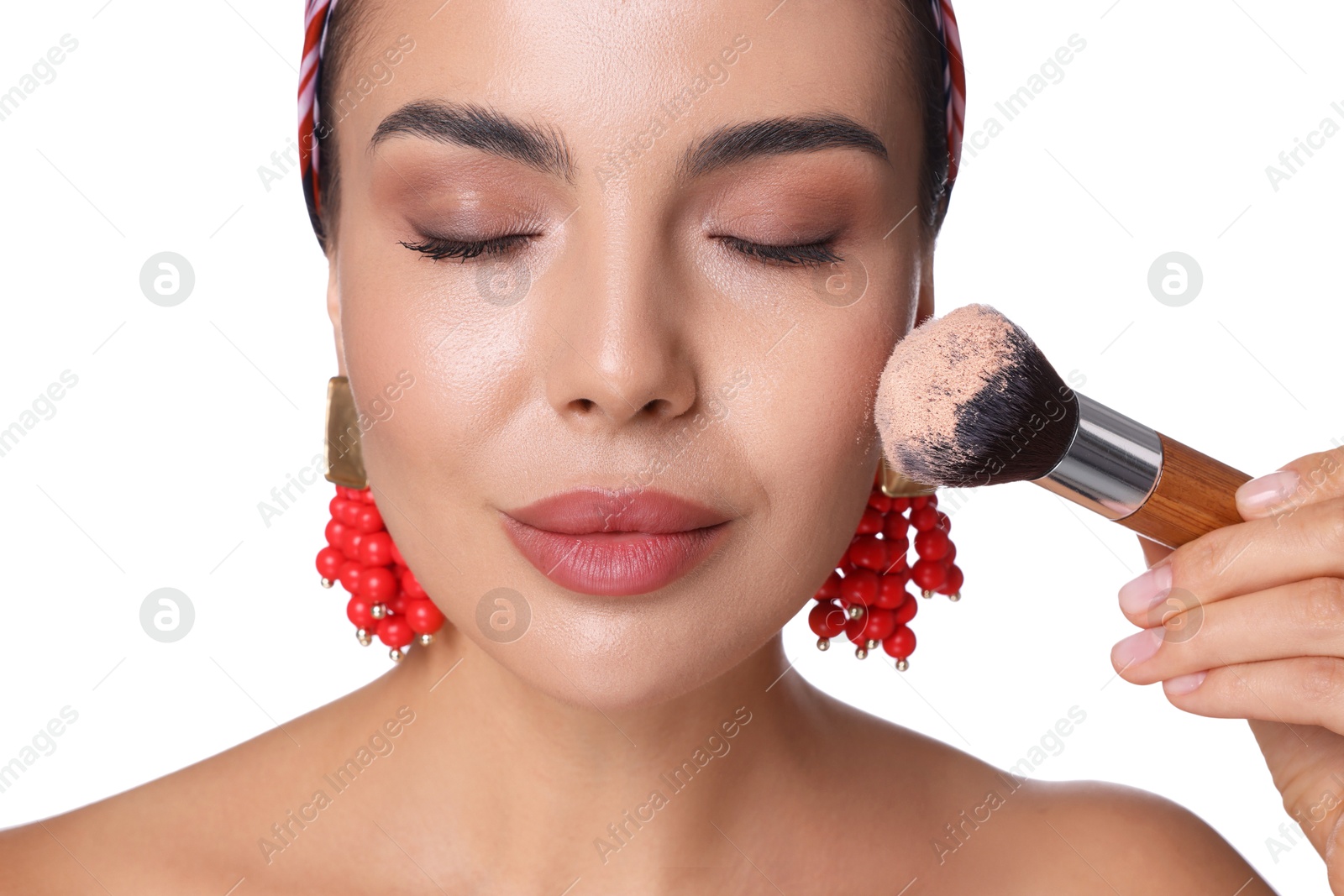 Beautiful woman with makeup brush on white background, closeup Photo of Beautiful woman with makeup brush on white background, closeup