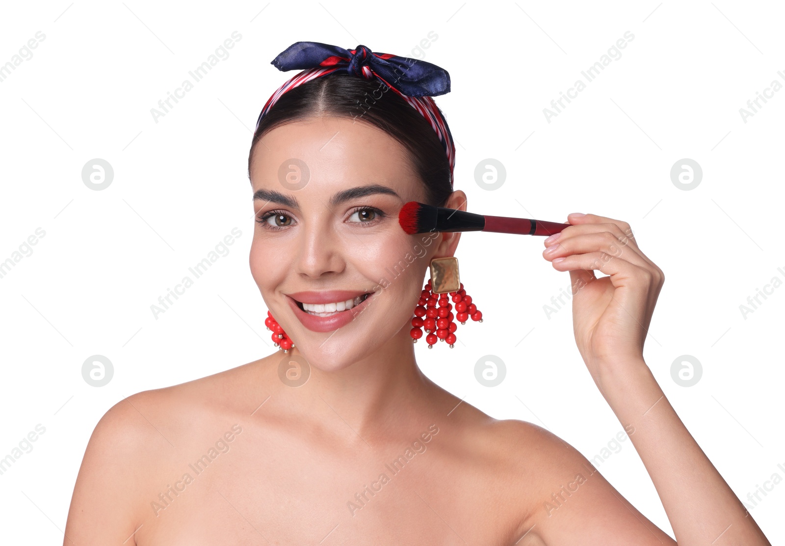 Photo of Beautiful woman applying makeup with brush on white background