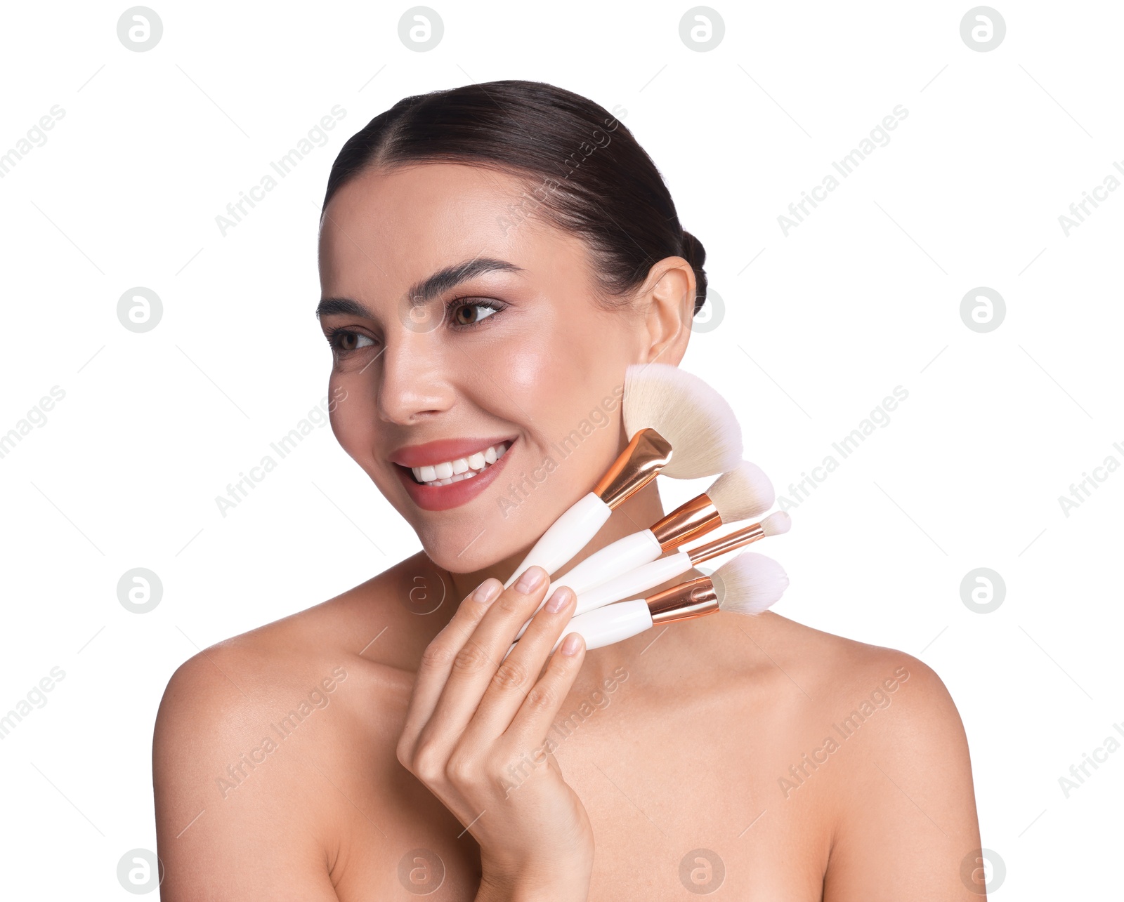 Beautiful woman with makeup brushes on white background Photo of Beautiful woman with makeup brushes on white background