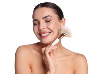 Photo of Beautiful woman with makeup brush on white background