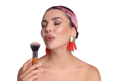 Photo of Beautiful woman with makeup brush on white background