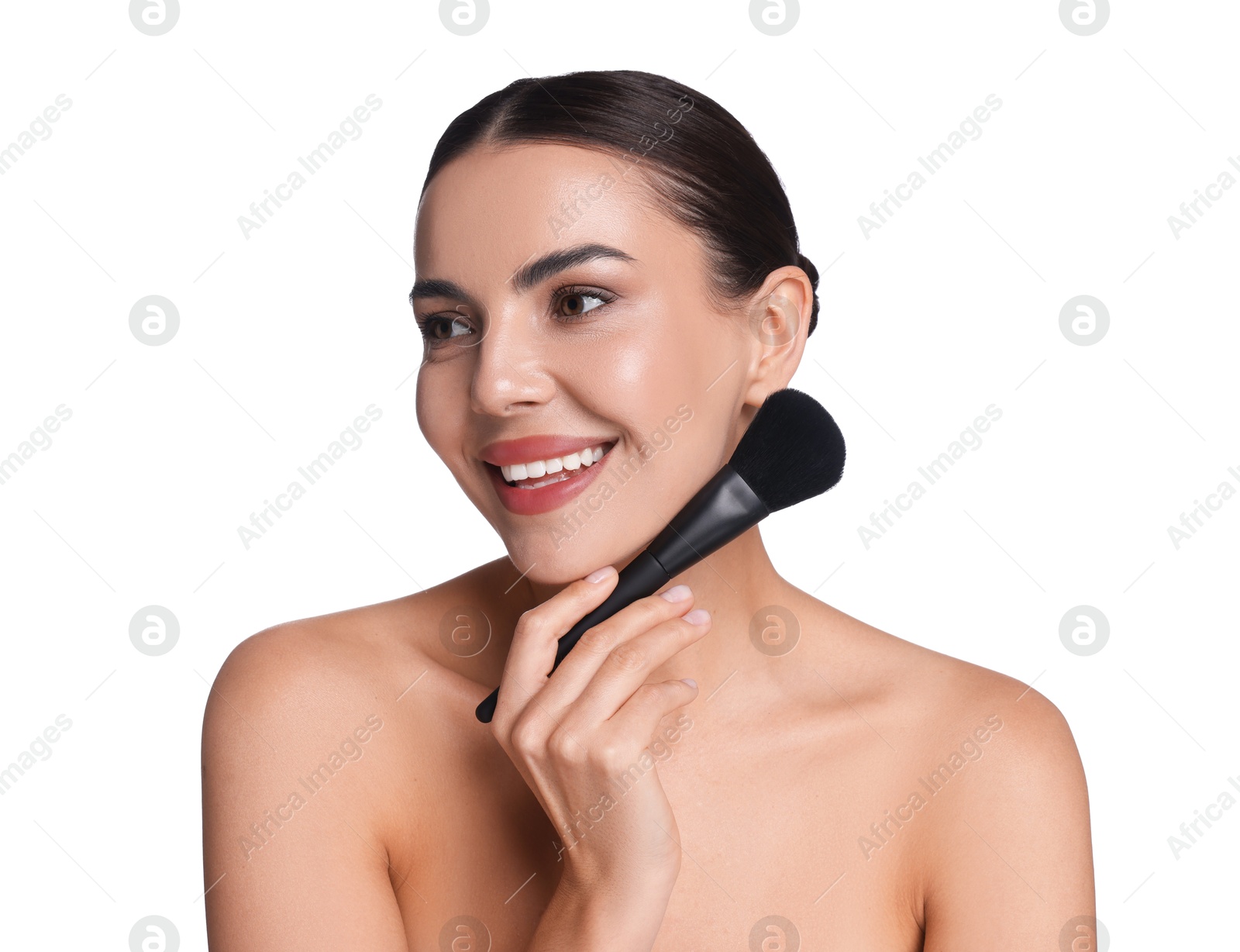 Beautiful woman with makeup brush on white background Photo of Beautiful woman with makeup brush on white background