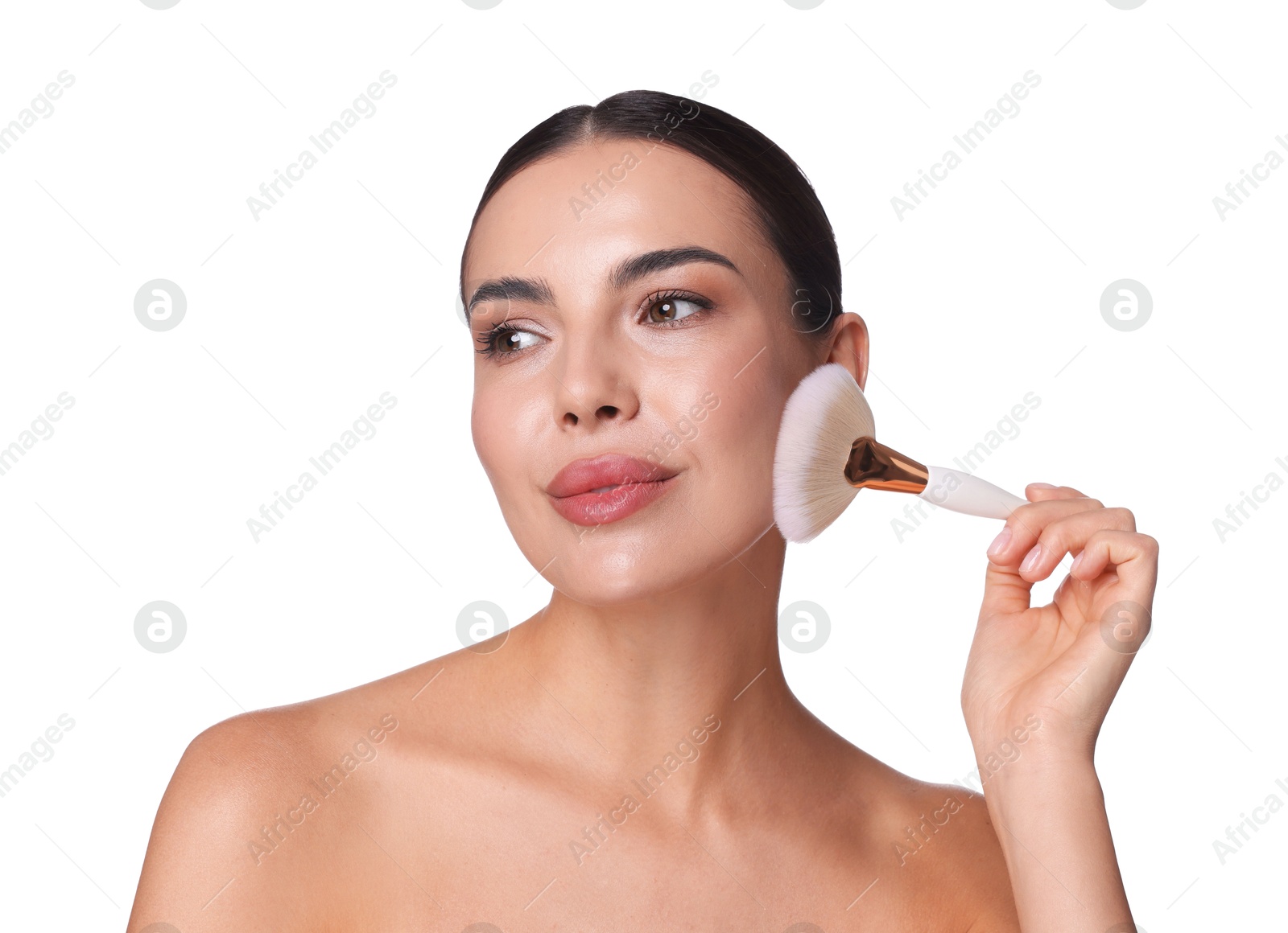 Beautiful woman applying makeup with brush on white background Photo of Beautiful woman applying makeup with brush on white background