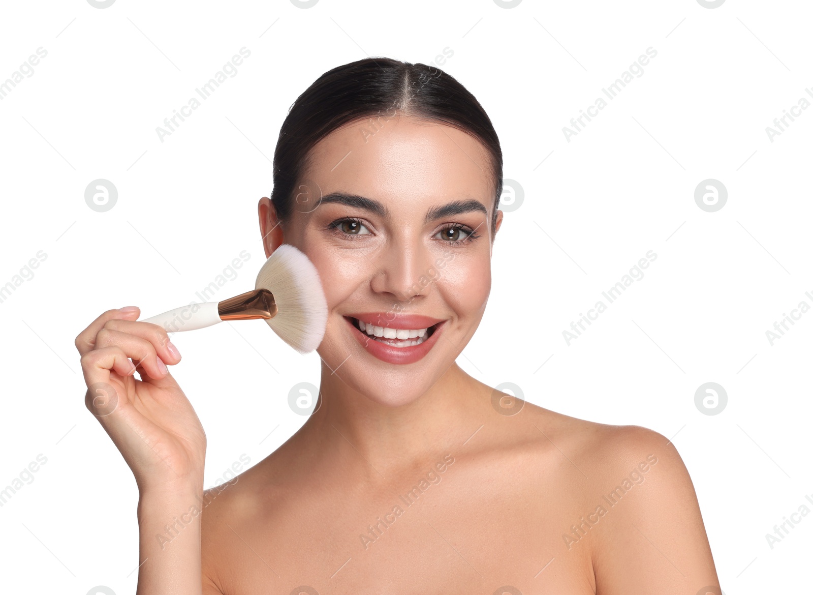 Photo of Beautiful woman applying makeup with brush on white background