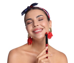 Photo of Beautiful woman applying makeup with brush on white background
