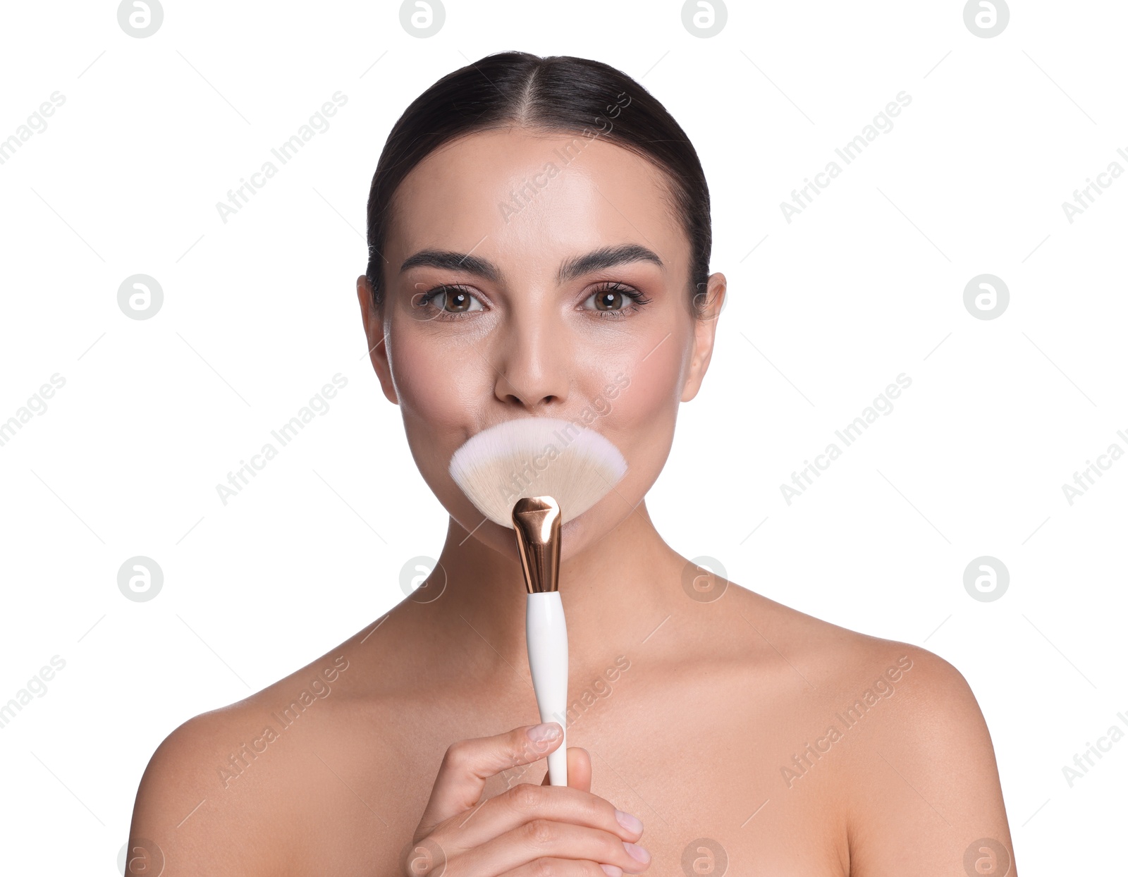 Photo of Beautiful woman with makeup brush on white background