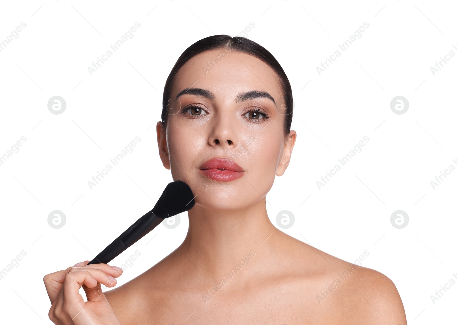 Photo of Beautiful woman with makeup brush on white background