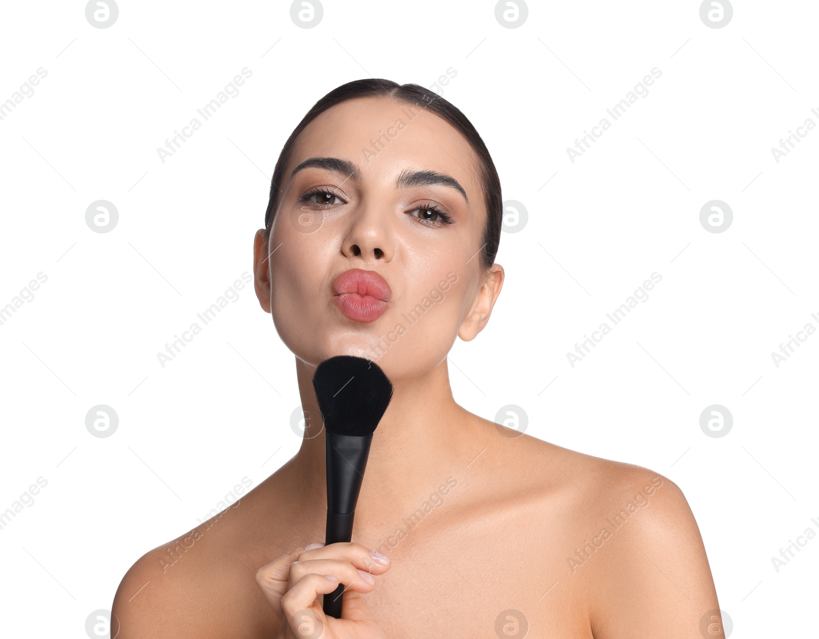 Photo of Beautiful woman with makeup brush on white background