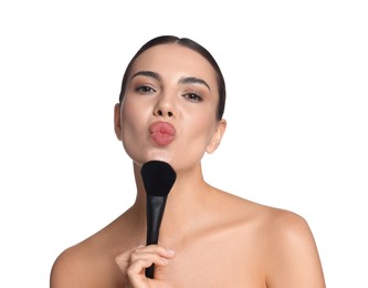 Photo of Beautiful woman with makeup brush on white background
