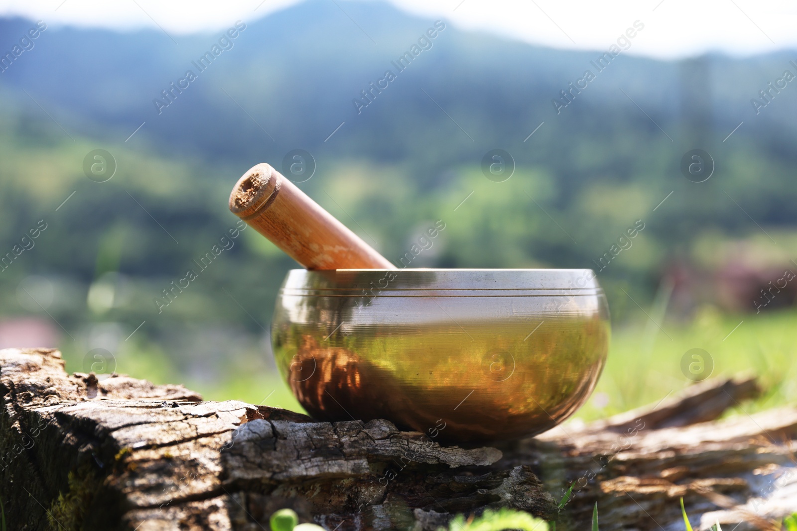 Photo of Tibetan singing bowl with mallet on piece of wood outdoors, closeup