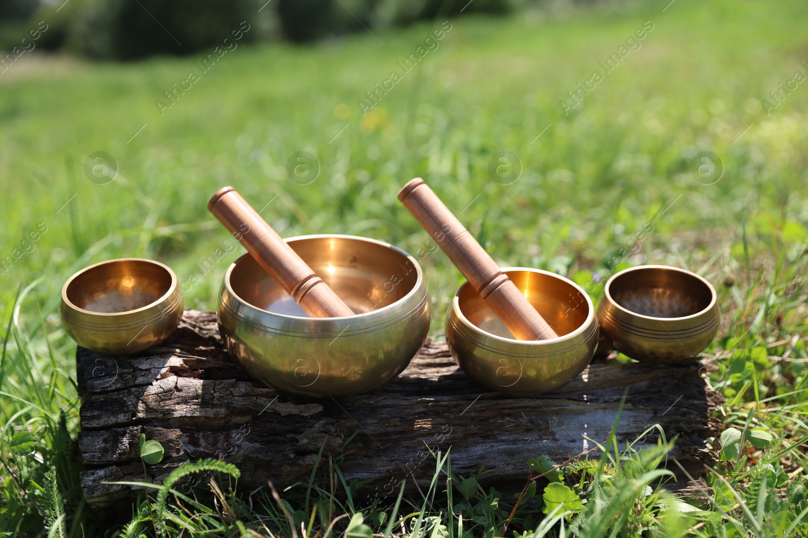 Photo of Tibetan singing bowls with mallets on piece of wood outdoors