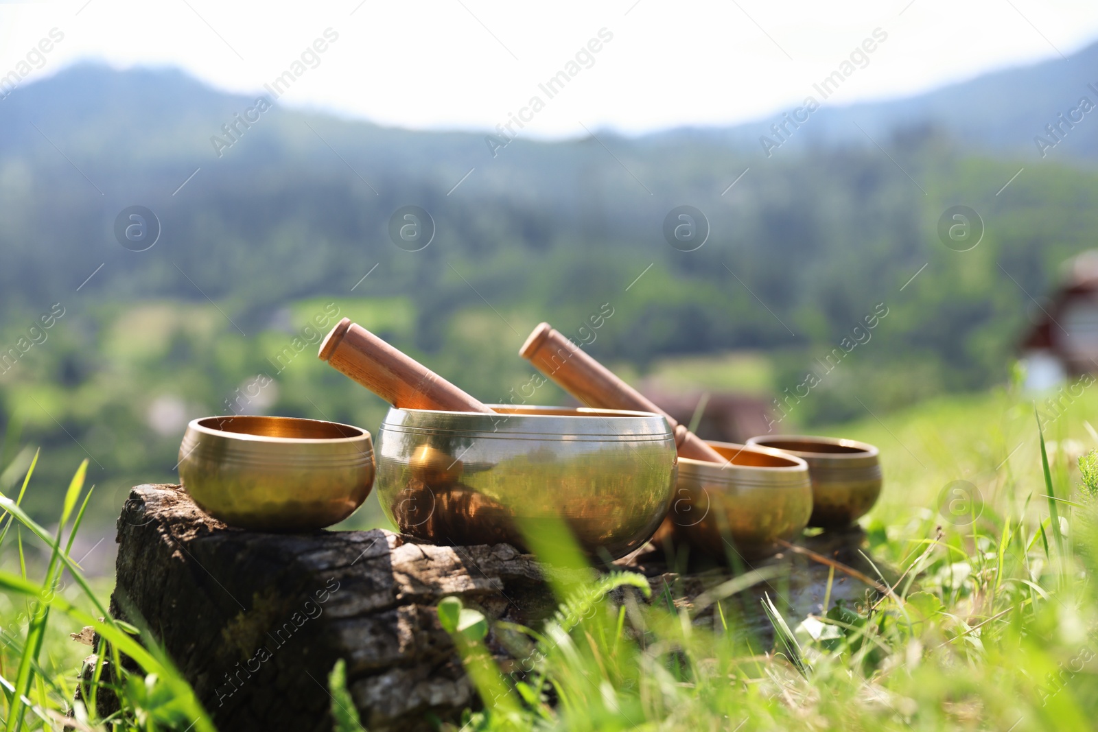 Photo of Tibetan singing bowls with mallets on piece of wood outdoors