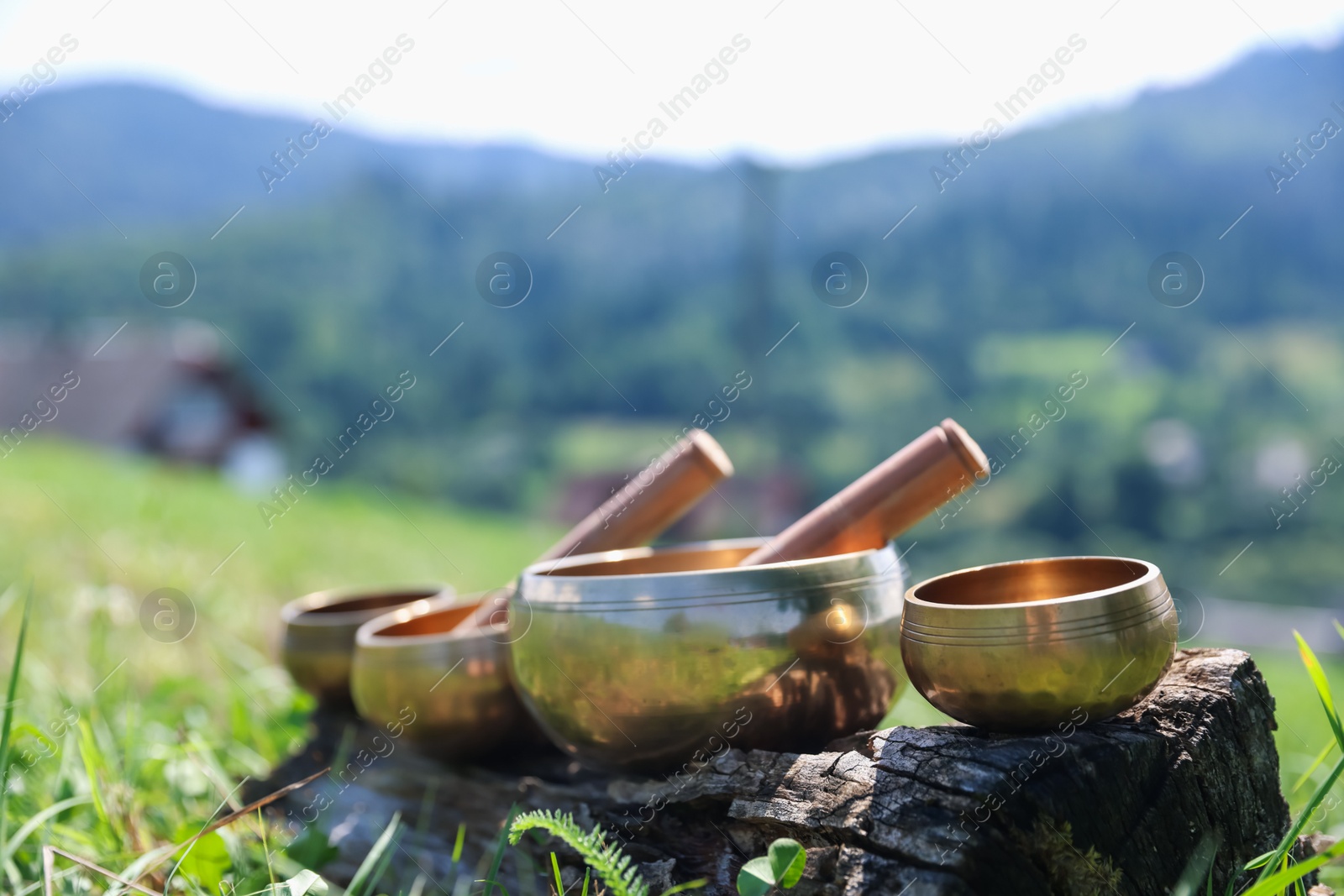 Photo of Tibetan singing bowls with mallets on piece of wood outdoors