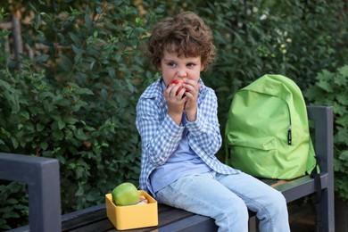 Photo of Cute little boy eating apple on bench outdoors. School lunch