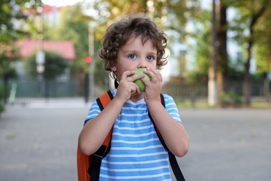 Photo of Cute little boy eating apple outdoors. School lunch