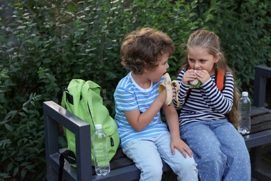 Photo of Cute little kids eating food on bench outdoors. School lunch