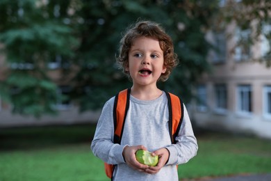 Photo of Cute little boy eating apple outdoors. School lunch