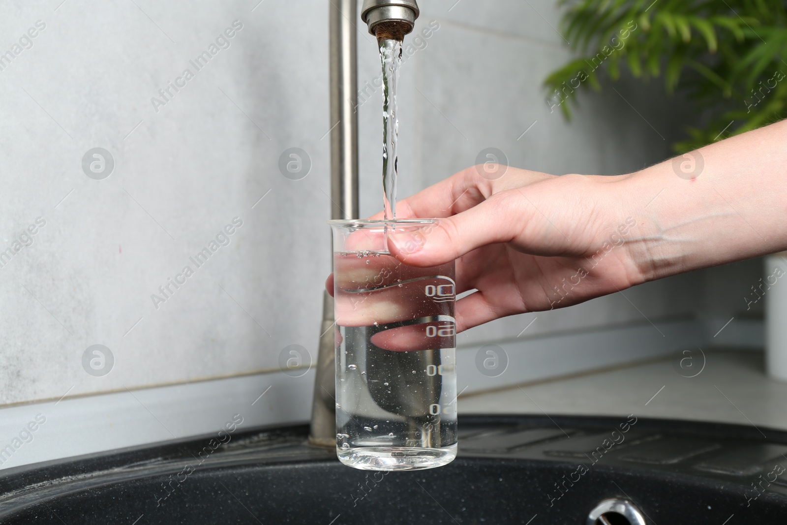 Woman taking sample of water from faucet indoors, closeup. Quality testing Photo of Woman taking sample of water from faucet indoors, closeup. Quality testing