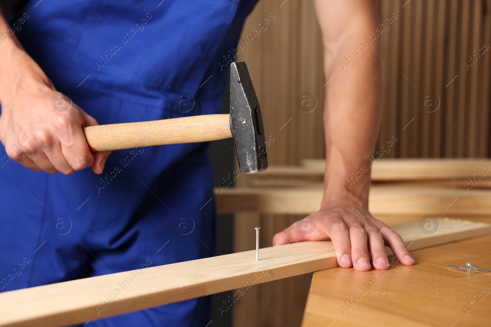 Photo of Professional repairman hammering nail into wooden plank indoors, closeup