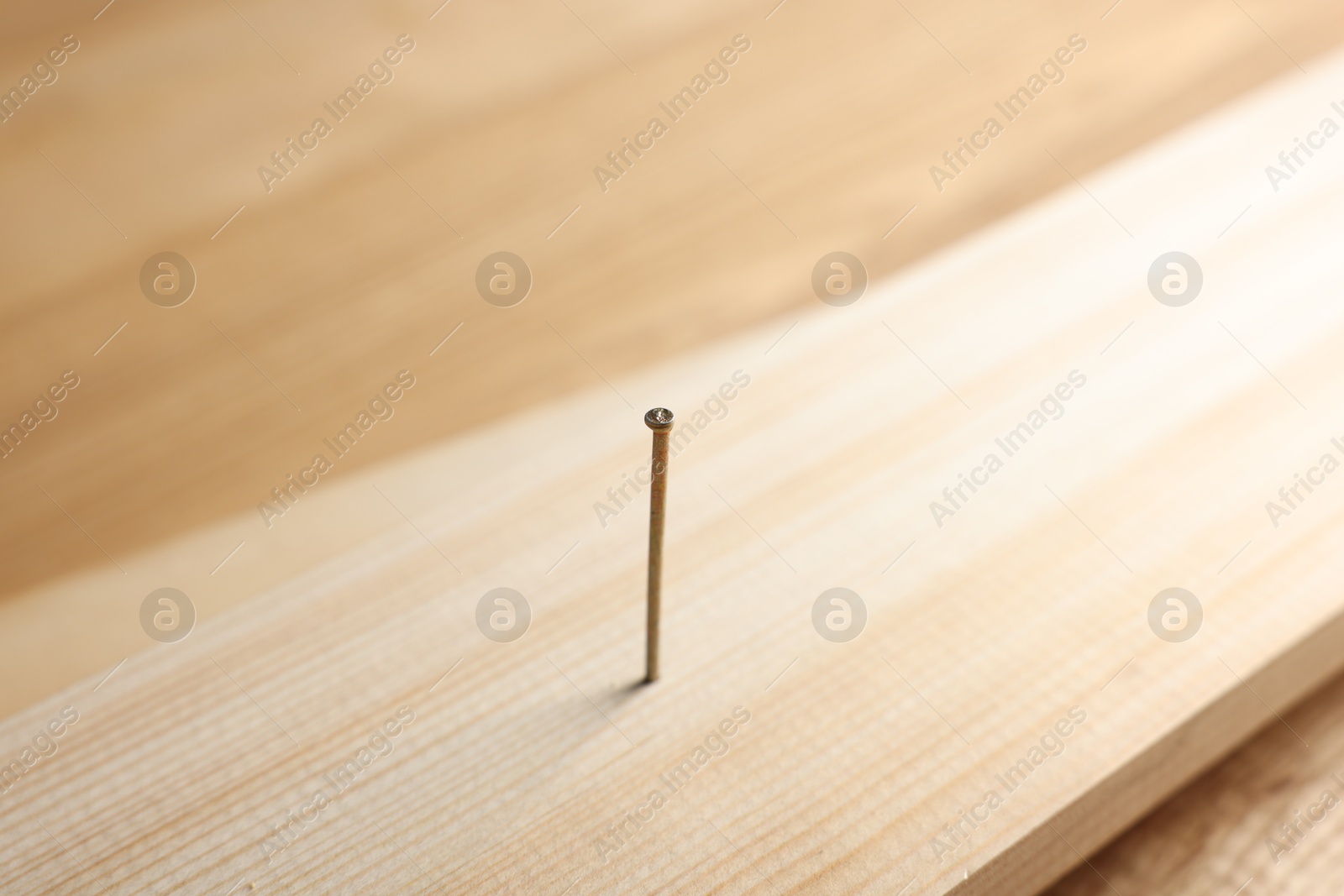 Metal nail in wooden plank on table, closeup Photo of Metal nail in wooden plank on table, closeup