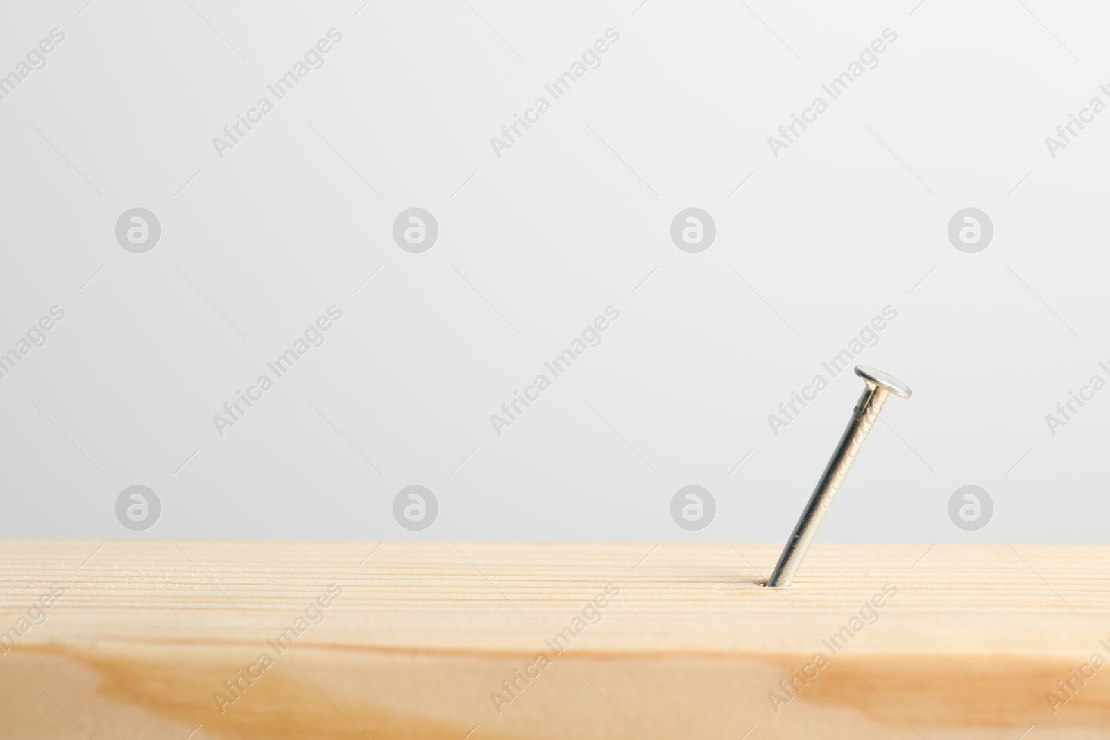 Metal nail in wooden plank on light grey background, closeup. Space for text Photo of Metal nail in wooden plank on light grey background, closeup. Space for text