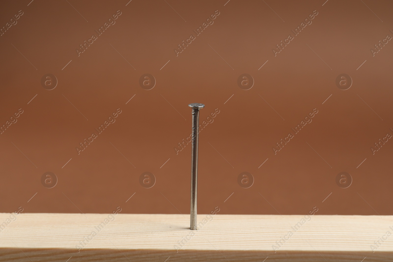 Photo of Metal nail in wooden plank on brown background, closeup