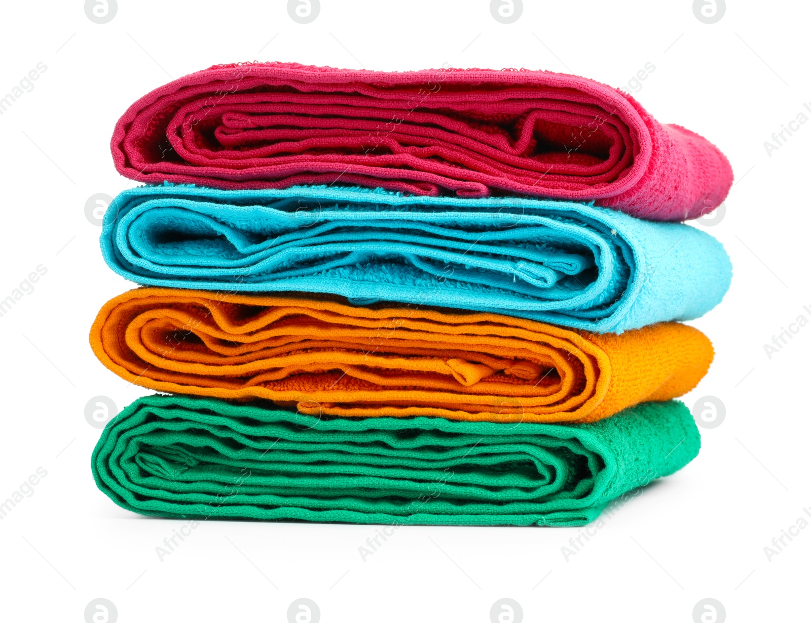 Photo of Stack of colorful terry towels isolated on white