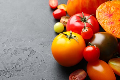 Photo of Different ripe tomatoes on black table, closeup. Space for text