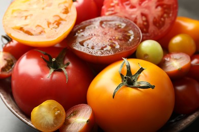 Photo of Different ripe tomatoes in bowl on grey table, closeup