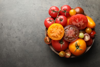 Photo of Different ripe tomatoes in bowl on grey table, top view. Space for text