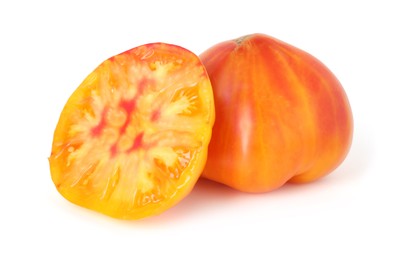 Photo of Whole and cut ripe tomatoes isolated on white