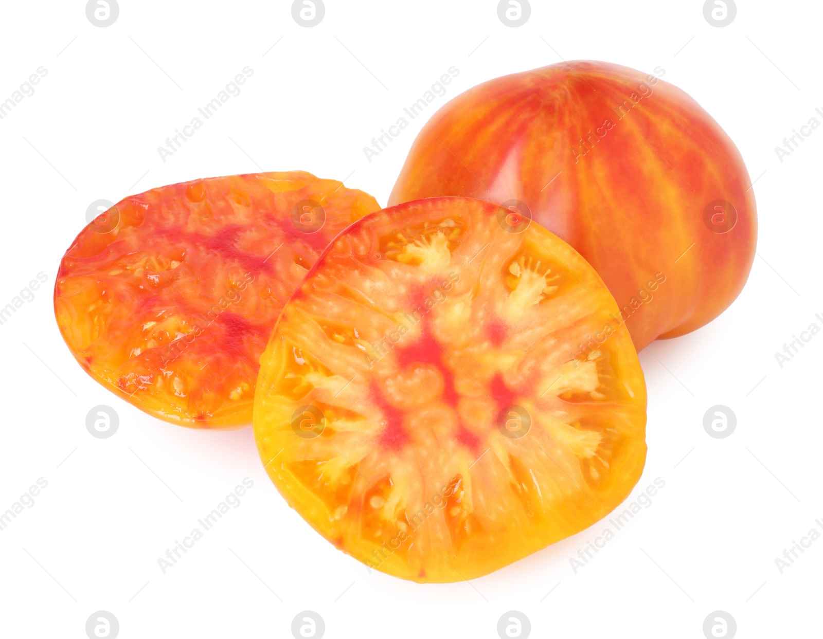 Photo of Whole and cut ripe tomatoes isolated on white