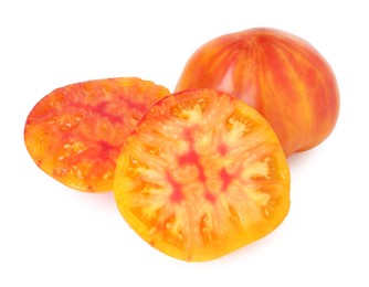 Photo of Whole and cut ripe tomatoes isolated on white