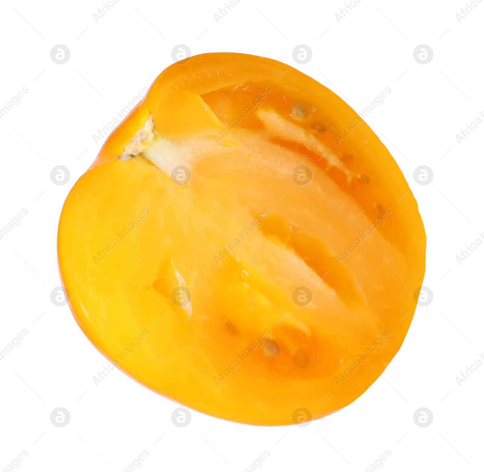 Piece of ripe yellow tomato isolated on white Photo of Piece of ripe yellow tomato isolated on white