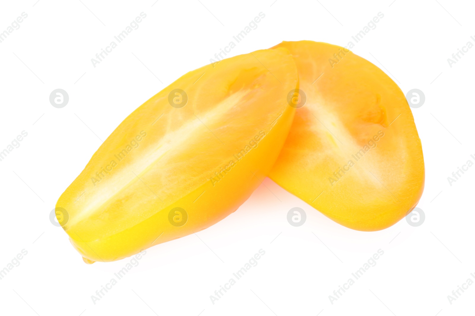 Photo of Pieces of ripe yellow tomato isolated on white