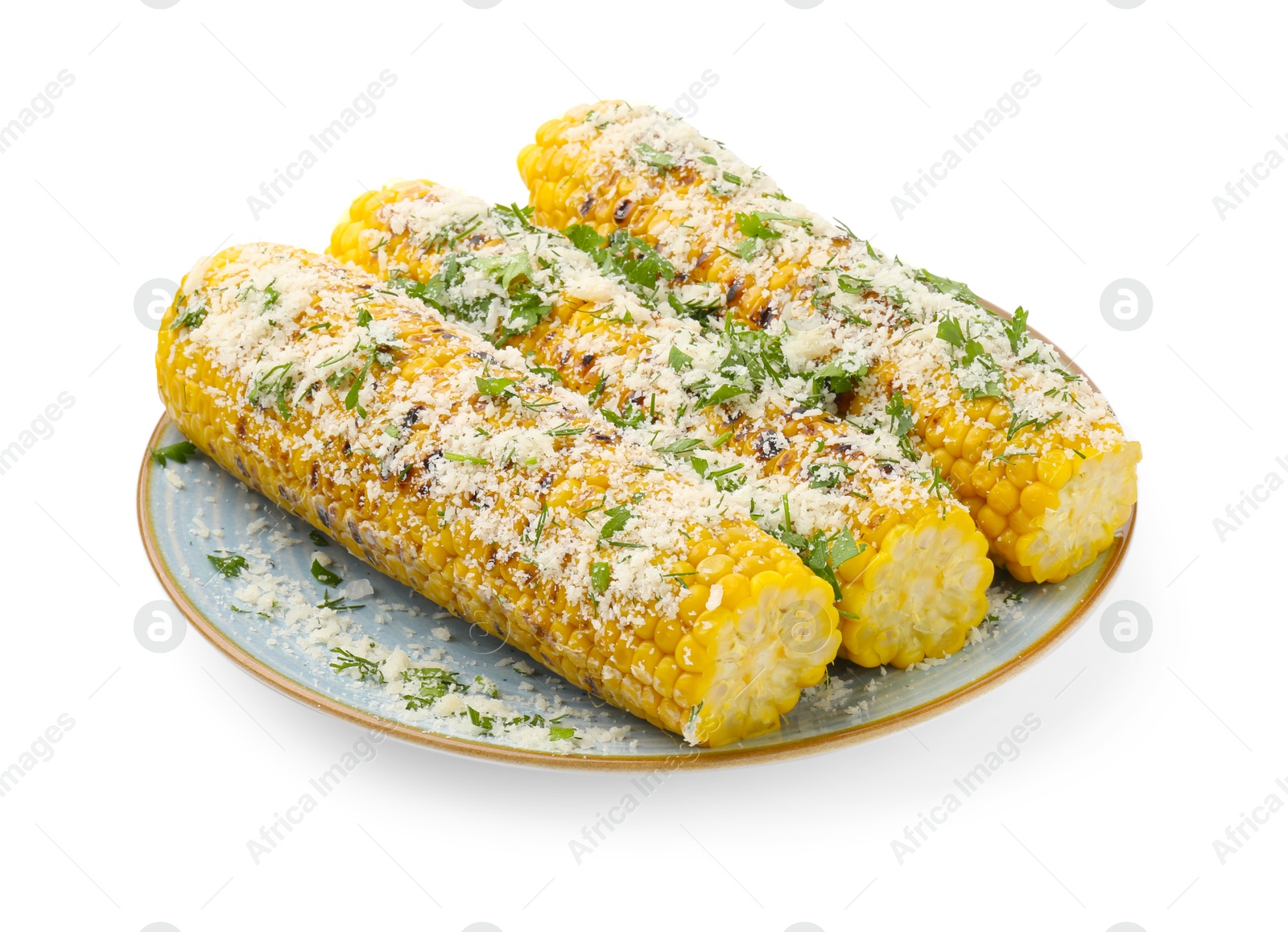 Photo of Tasty grilled corncobs with parsley and cheese isolated on white