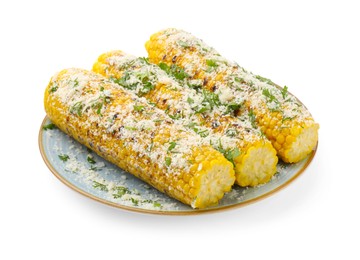 Photo of Tasty grilled corncobs with parsley and cheese isolated on white