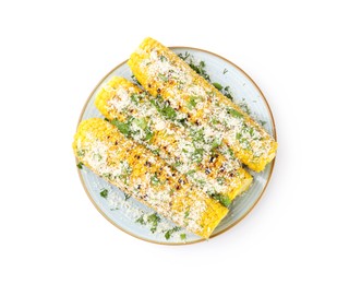 Photo of Tasty grilled corncobs with parsley and cheese isolated on white, top view