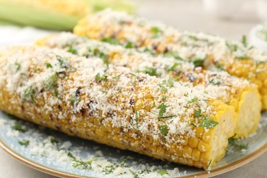 Photo of Tasty grilled corncobs with parsley and cheese on light table, closeup