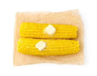 Photo of Tasty boiled corncobs with butter isolated on white, top view