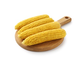 Photo of Tasty boiled corn cobs isolated on white