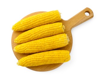 Photo of Tasty boiled corncobs isolated on white, top view