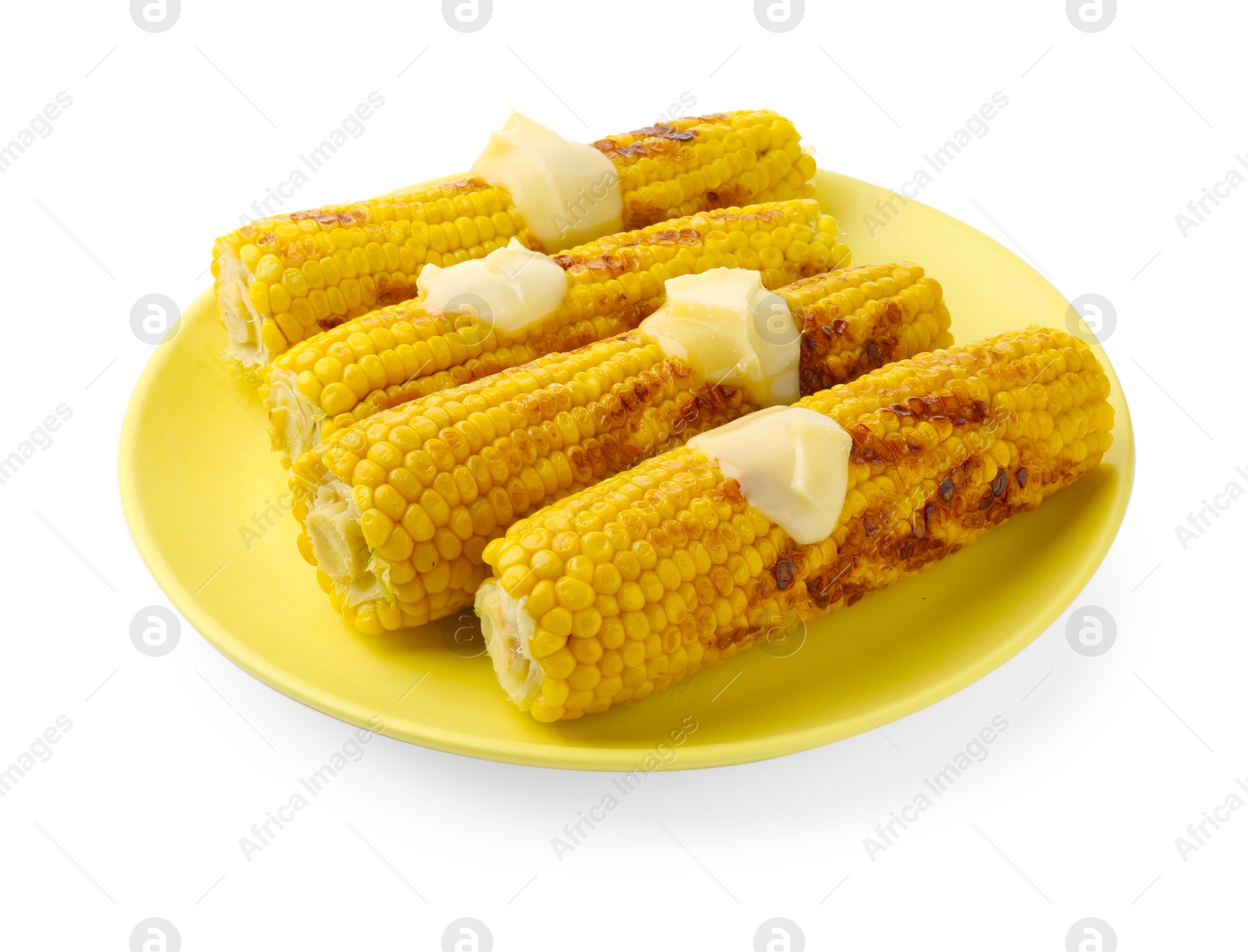 Photo of Tasty grilled corncobs with sauce isolated on white