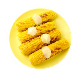 Photo of Tasty grilled corncobs with sauce isolated on white, top view