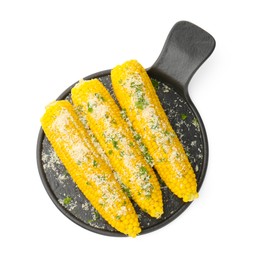 Photo of Tasty grilled corncobs with parsley and cheese isolated on white, top view
