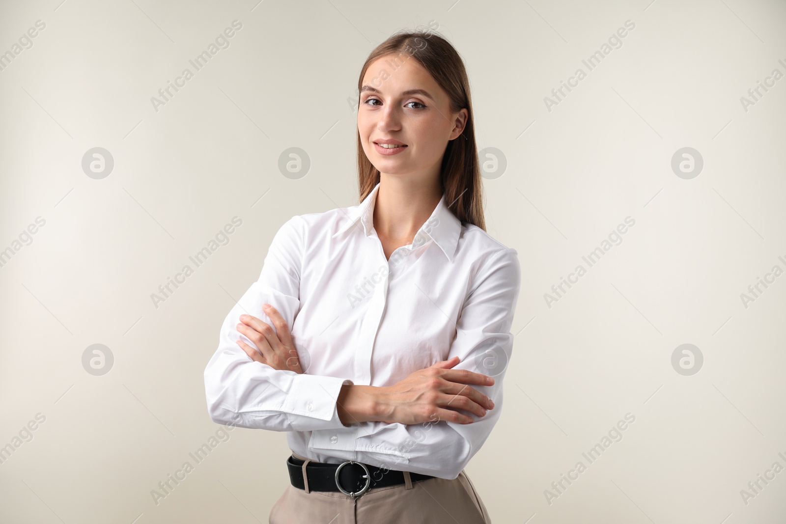 Photo of Portrait of beautiful woman on white background