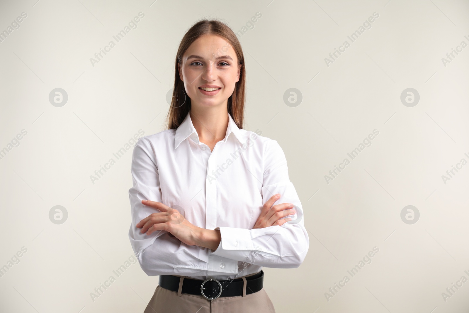 Photo of Portrait of beautiful woman on white background. Space for text