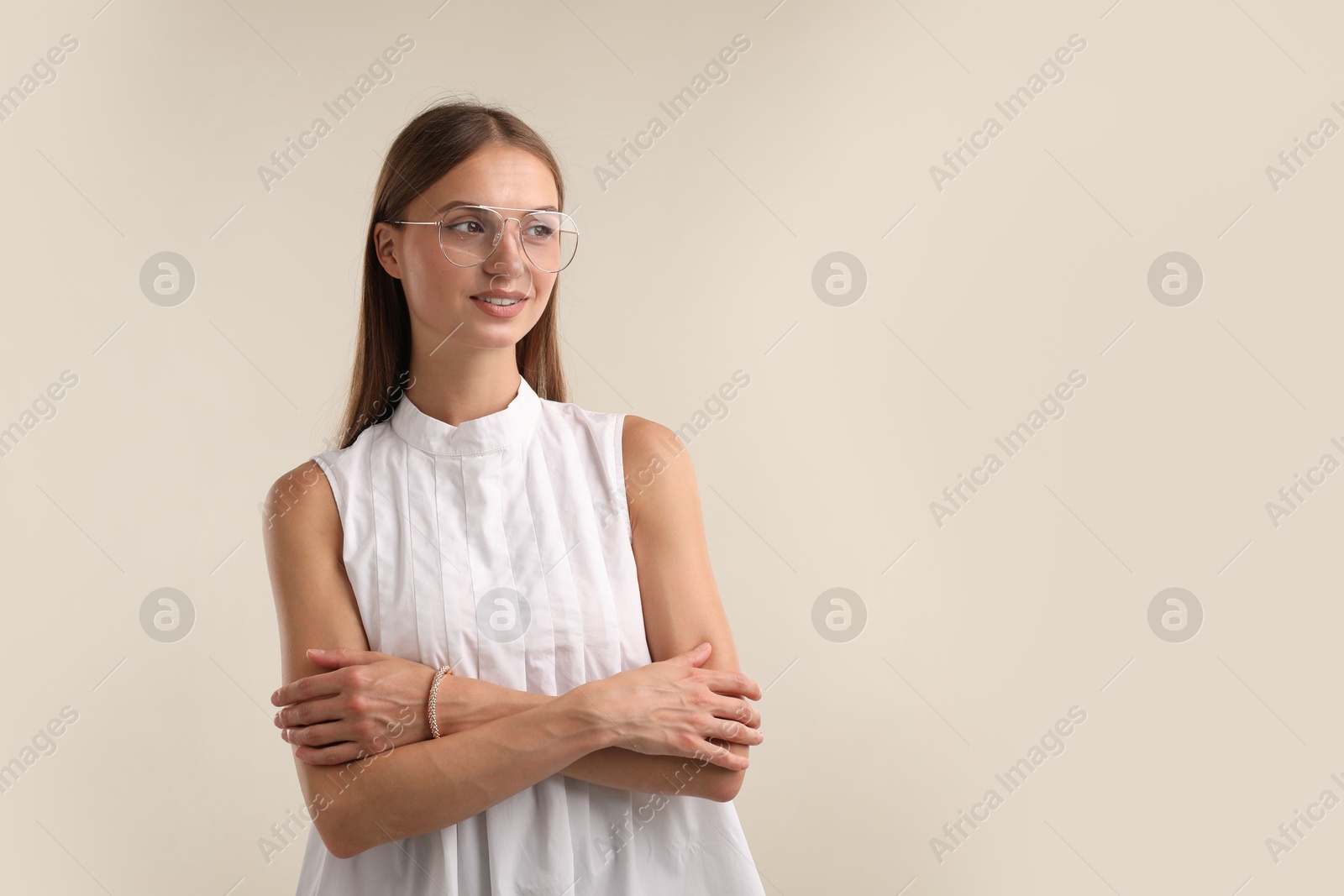 Photo of Portrait of beautiful woman on white background. Space for text
